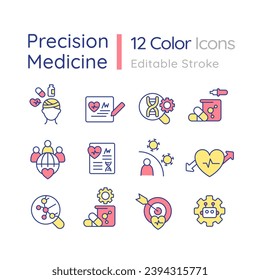 Desarrollo de medicina de precisión Juego de iconos de color RGB. Métodos alternativos de tratamiento de la enfermedad. Prevención de enfermedades. Ilustraciones vectoriales aisladas. Colección de planos de línea simple rellena. Trazo editable