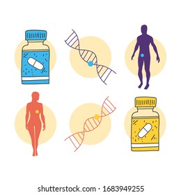 Precision medicine, genetic information treatment. Patient care allows doctors to choose treatment methods based on genetic understanding their disease. People's genetic code and drug selection.
