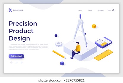 Precision Product Design isometric landing page template. Select combination of machine elements vector illustration for webpage. Engineering industry tools usage. Web application development material