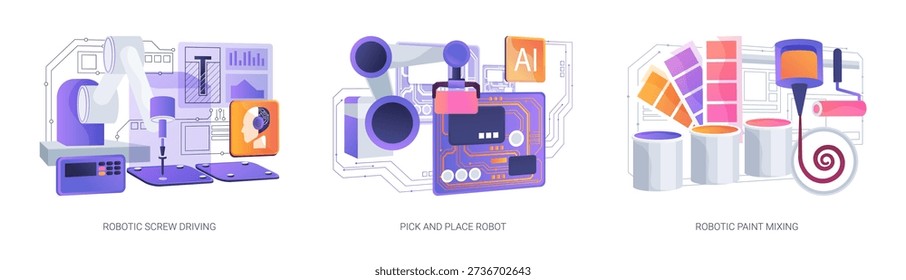 Precision Robotics in Electronics Assembly abstract concept vector illustration set. Robots drive screws, place components on PCBs, mix paint with accuracy in electronics production abstract metaphor.