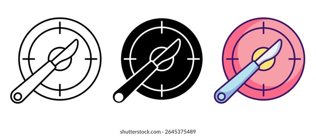 Precision scalpel icon represented by knife,target Line, Filled, Color style.