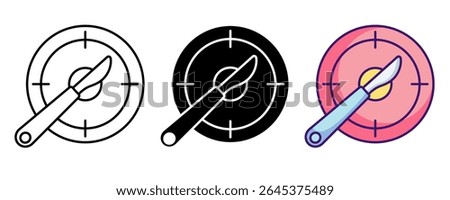 Precision scalpel icon represented by knife,target Line, Filled, Color style.