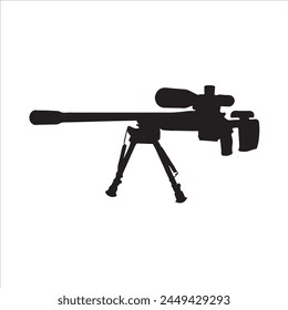 Silueta de rifle de francotirador de precisión con alcance e ilustración de ícono de Vector de bípode sobre fondo blanco.