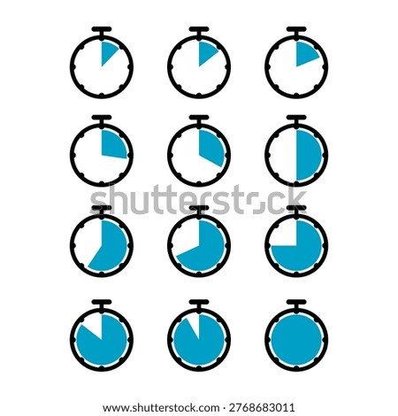Precision stopwatch and timer icons set featuring clean countdown intervals and dynamic clock designs with segmented time visuals in vector format.