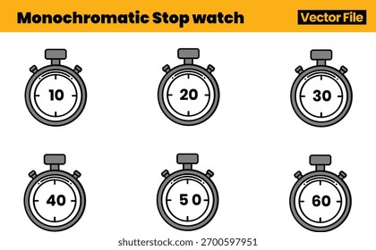 Conjunto de vetor de temporizador de precisão composto de seis relógios de parada ilustrados organizados para equilíbrio visual e clareza