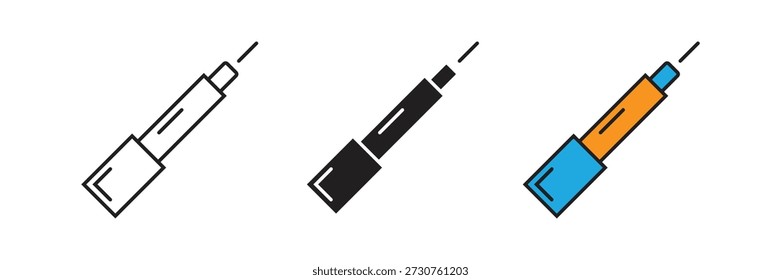Precision tool icons featuring a syringe or technical cutter design in multiple styles for medical, laboratory, or crafting professional applications.