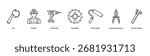 Precision Tools web banner icon vector illustration featuring Axe, Builder, Hand Drill, Saw Blade, Point Roller, Drawing Compass, and Vernier Caliper.