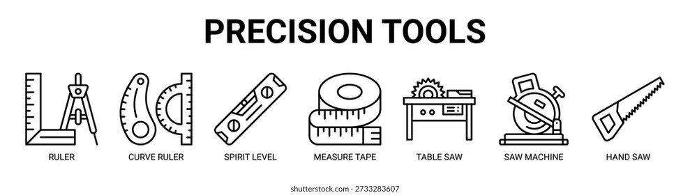 Precision Tools web banner icon vector illustration concept with icon of ruler, curve ruler, spirit level, measure tape, table saw, saw machine, and hand saw.
