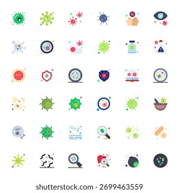 36 ícones de vetor plano projetados com precisão para Microbe, projetados com resolução aprimorada de detalhes de 128x128 para proporcionar clareza e escalabilidade excepcionais.
