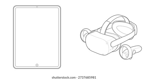 Precision-engineered Extended Reality (XR) hardware drafting set featuring Head Mounted Display (HMD) and tactile tablet interface. This simulation technology blueprint details sensor arrays and ergonomic strap mechanics tailored for UX prototyping manuals.