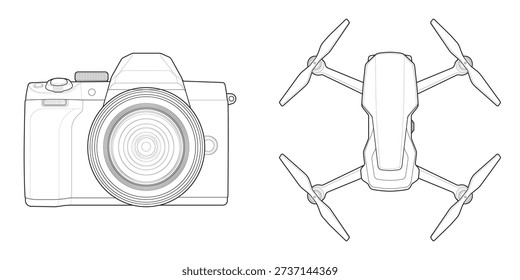 Precision-engineered optical imaging equipment drafting set featuring quadcopter UAV and digital mirrorless camera. This cinematography hardware blueprint includes gimbal and sensor details optimized for aerial surveillance manuals and tech packaging.