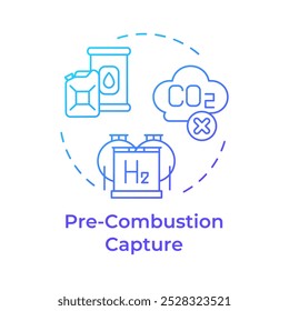 Ícone de conceito de gradiente azul de captura de pré-combustão. Armazenamento de carbono, reservatórios. Emissão de CO2. Ilustração de linha de forma redonda. Ideia abstrata. Design gráfico. Apresentação infográfica e fácil de usar