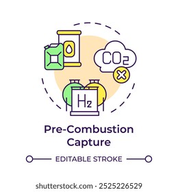 Ícone de conceito de várias cores da captura de pré-combustão. Armazenamento de carbono, reservatórios. Emissão de CO2. Ilustração de linha de forma redonda. Ideia abstrata. Design gráfico. Apresentação infográfica e fácil de usar