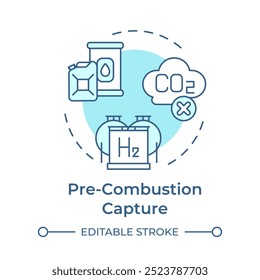 Ícone de conceito azul suave de captura de pré-combustão. Armazenamento de carbono, reservatórios. Emissão de CO2. Ilustração de linha de forma redonda. Ideia abstrata. Design gráfico. Apresentação infográfica e fácil de usar