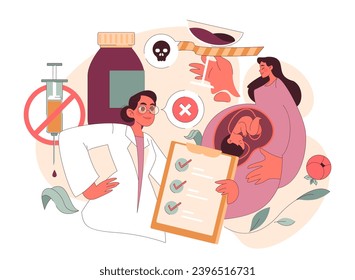 Preconception Health concept. A dedicated doctor educates about risks and best practices for pregnancy, emphasizing harmful substances and the baby's growth. Knowledge before conception. Flat vector.