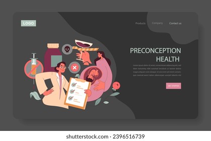 Preconception Health concept. A dedicated doctor educates about risks and best practices for pregnancy, emphasizing harmful substances and the baby's growth. Knowledge before conception. Flat vector.