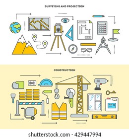 Pre-construction survey, building design and construction. Building stages. Vector icon