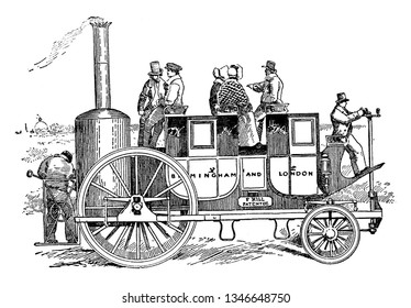 A Precursor of the Automobile which one of the earliest models of the automobile which was steam powered, vintage line drawing or engraving illustration.