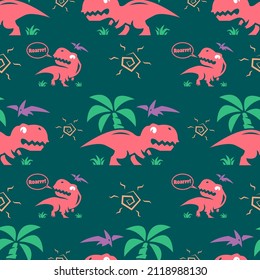 PREDATOR DINOSAURS AND PLANT FLAT SEAMLESS PATTERN. PREMIUM VECTOR. 
