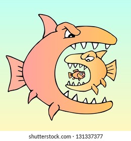 Predator eats predator. Hungry evil fish. Vector illustration.