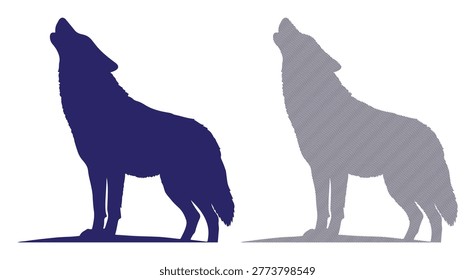 Predator howling at moon, forest wildlife illustration, wilderness creature shadow profile.