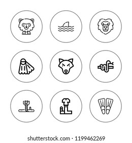 Predator icon set. collection of 9 outline predator icons with fins, lion, shark, snake, werewolf icons. editable icons.