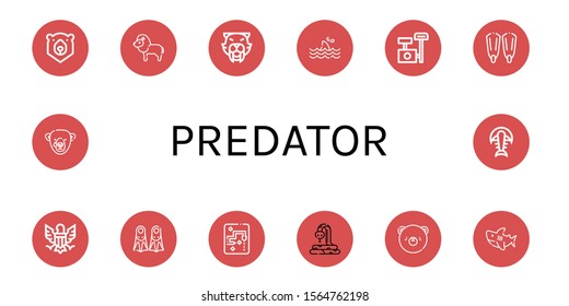 predator icon set. Collection of Bear, Lion, Saber toothed tiger, Shark, Scratching post, Fins, Eagle, Snake, Fossil icons