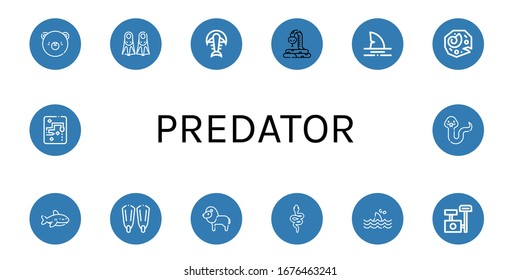 predator icon set. Collection of Bear, Fins, Fossil, Snake, Shark, Lion, Scratching post icons
