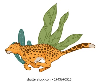 Predator mammal animal with spotted furry coat running, isolated speedy cheetah moving along lush tropical foliage and bushes. Zoo and natural reservation, jumping panther. Vector in flat style