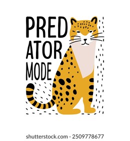 Design de cartão de modo predador com letras, leopardo e padrão de ponto isolado no branco. Design para impressão, têxtil. Ilustração vetorial.