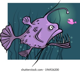 Predator and prey. Angler fish lures little fish to a light, vector cartoon