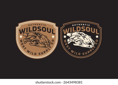 Predator skull retro badge logo vector design set for wildlife, hunter, adventure. Wild tiger skull bone vintage emblem logo graphic collections. Tiger cranium illustration label element designs