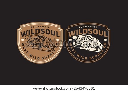Predator skull retro badge logo vector design set for wildlife, hunter, adventure. Wild tiger skull bone vintage emblem logo graphic collections. Tiger cranium illustration label element designs