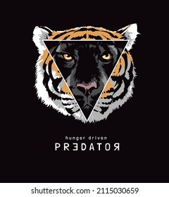 predator slogan win panther face in triangle frame on tiger head background