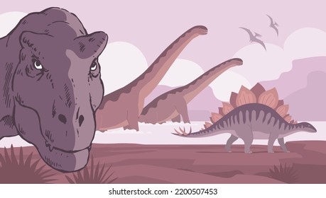 Predator tyrannosaurus, big sauropods and stegosaurus. Herbivorous dinosaur of the Jurassic period. Prehistoric pangolin. Science paleontology. Wild landscape. Vector cartoon illustration