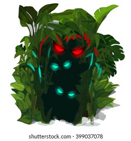 Predators eyes glow from the bushes of tropical plants. Vector illustration.