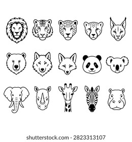 Predators and Herbivores Animal Heads Vector Line Art