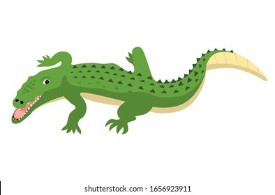 Predatory alligator crocodile with open mouth and fangs, wild animal vector isolated, wild animal, cartoon crocodiles, vector illustration isolated on white background