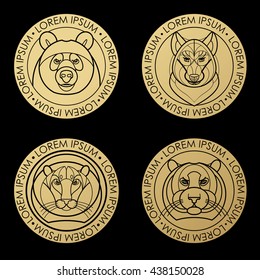 Predatory animal print gold foil on a black background. Vector illustration of a tiger, lion, bear, wolf. Designed to create a logo, icon in modern style mono line. Symbol of strength.