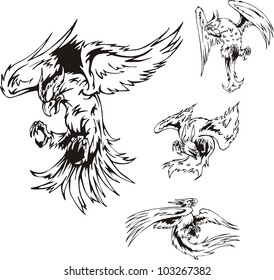 Predatory Bird Tattoos. Set of black and white vector illustrations.
