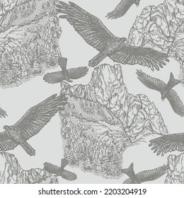 Predatory birds circling near the mountain in search of prey. Hand drawn with pen and ink outlines. Seamless pattern. Vector background.