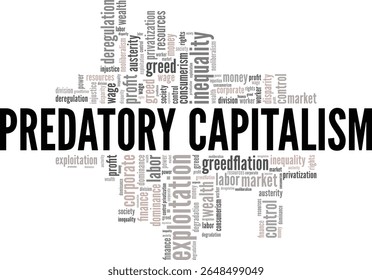 Capitalismo predatório palavra nuvem design conceitual isolado no fundo branco.