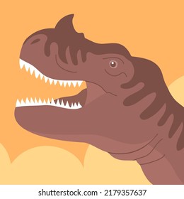 Predatory dinosaur ceratosaurus of the Jurassic period. Monster head with teeth. Carnivorous lizard. Prehistoric strong hunter. Wild landscape. Cartoon vector illustration