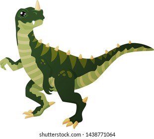 The predatory dinosaur, ceratosaurus, looks like a t rex, a full-grown green darling with big eyes on an isolated white background, with a raised paw standing on its hind legs. Dinosaur has a horn