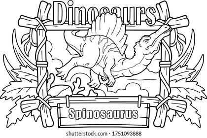 predatory dinosaur spinosaurus, hunts underwater, coloring book, funny illustration