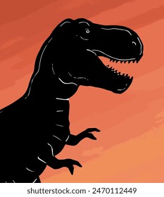 Predatory dinosaur tyrannosaurus of the Jurassic period. Carnivorous scary lizard. Big t rex. Prehistoric strong hunter. Cartoon vector illustration. Black silhouette