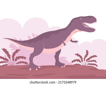 Predatory dinosaur tyrannosaurus rex of the Jurassic period. Carnivorous lizard. Prehistoric strong hunter. Wild landscape. Cartoon vector illustration