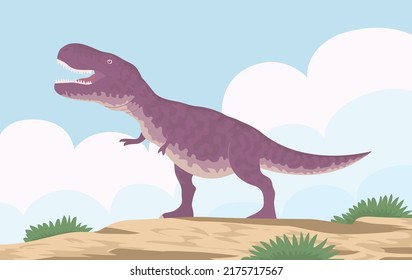 Predatory dinosaur tyrannosaurus rex of the Jurassic period. Carnivorous lizard. Prehistoric strong hunter. Wild landscape. Cartoon vector illustration