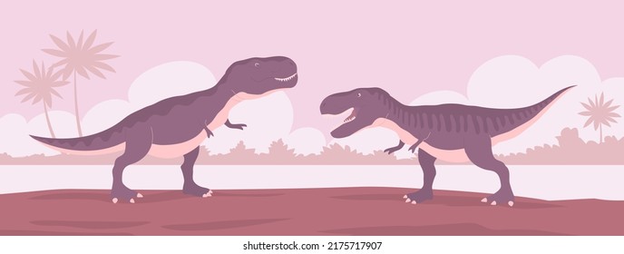 Predatory dinosaur tyrannosaurus rex of the Jurassic period. Two predators in a fight. Carnivorous lizard. Prehistoric strong lizard. Wild landscape. Cartoon vector illustration