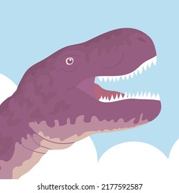 Predatory dinosaur tyrannosaurus rex of the Jurassic period. Monster head with teeth. Carnivorous lizard. Prehistoric strong hunter. Wild landscape. Cartoon vector illustration